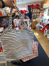 white & blue bucket bag